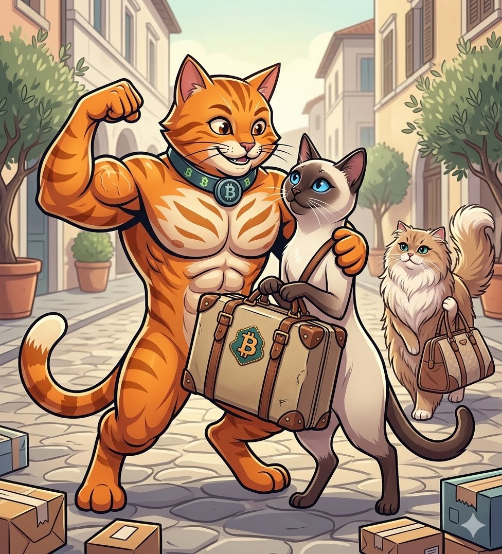 BitcoinCat strutting down a cobblestone street with fellow cats, carrying a Bitcoin suitcase
